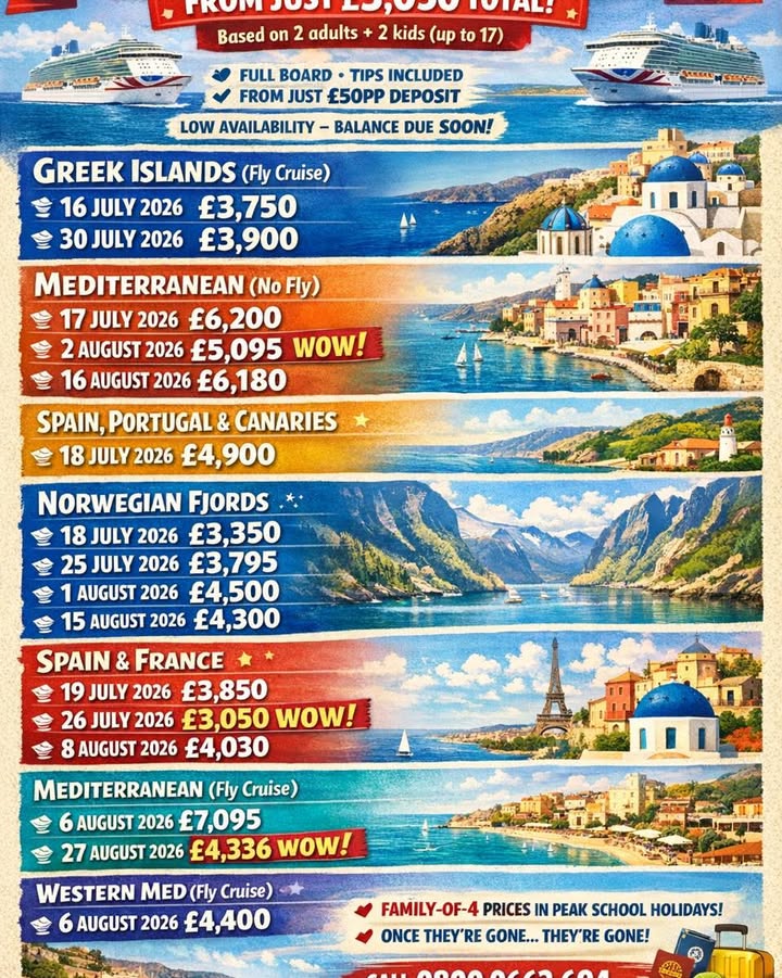 🚨☀️ SCHOOL HOLIDAYS FAMILY CRUISES FROM JUST £3,050 TOTAL☀️ 🚨