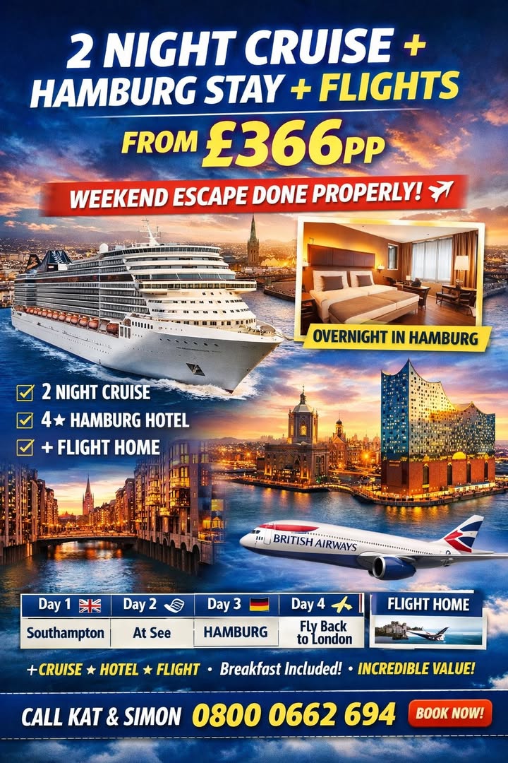 🚨🚨 WEEKEND ESCAPE: 2 NIGHT CRUISE + HAMBURG STAY + FLIGHTS £366PP 🚨🚨
