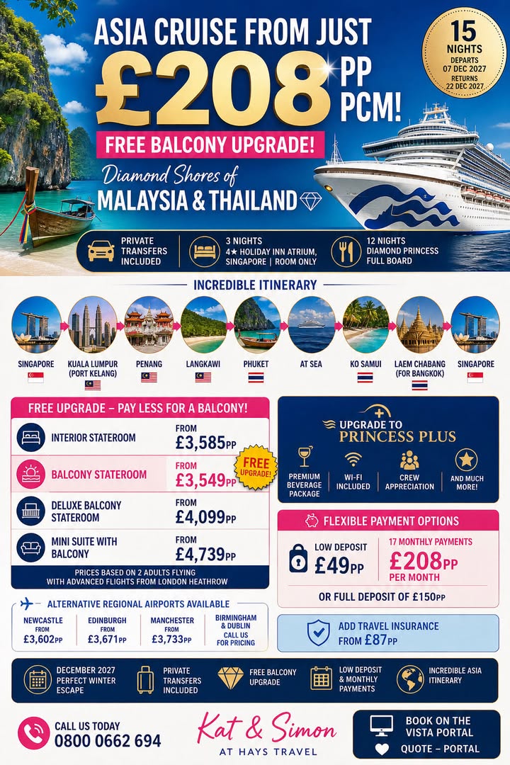 **ASIA CRUISE: £208PP PER MONTH!**