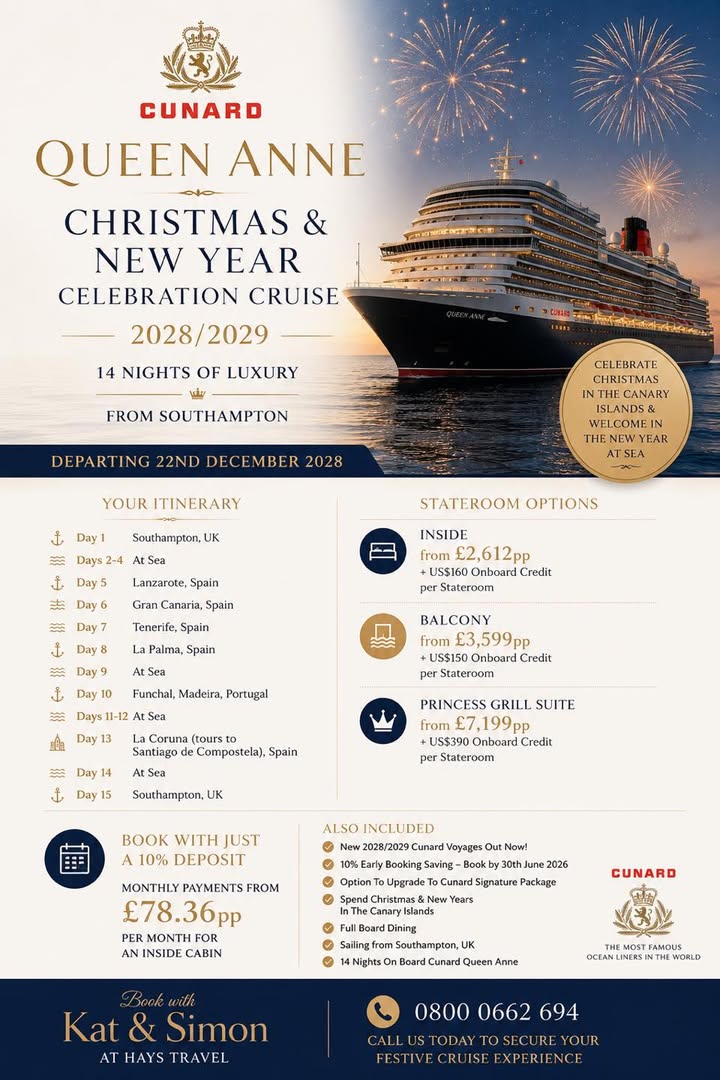 QUEEN ANNE CHRISTMAS & NEW YEAR CELEBRATION CRUISE 2028/2029
