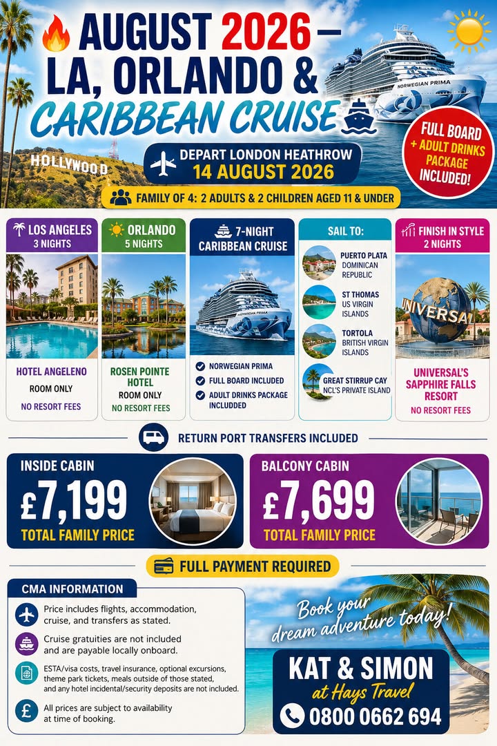 “Ultimate American Family Adventure: LA, Orlando & Caribbean Cruise – £7,199 for Family of 4!”