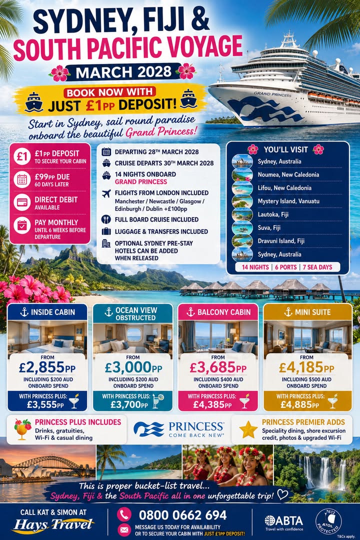 🛳 SYDNEY, FIJI & SOUTH PACIFIC VOYAGE – MARCH 2028 🌴☀️