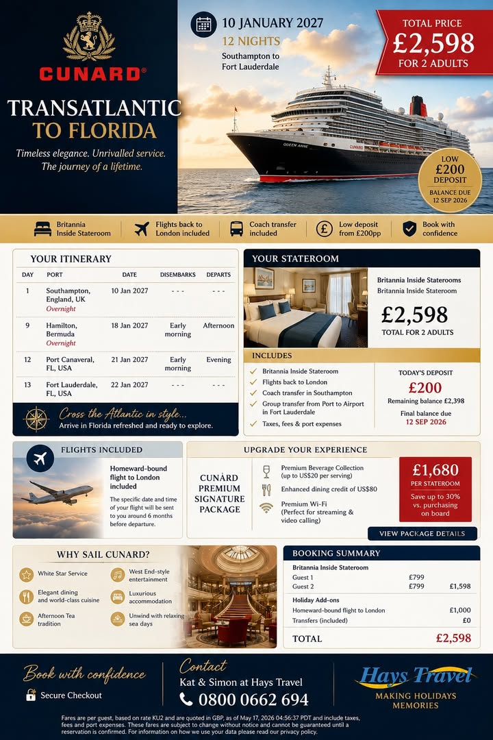 ⚓ CUNARD TRANSATLANTIC TO FLORIDA ⚓