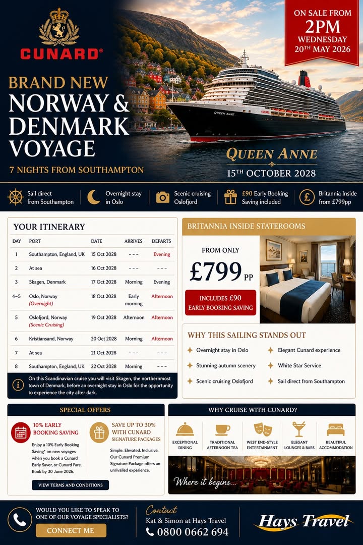 BRAND NEW CUNARD NORWAY & DENMARK VOYAGE