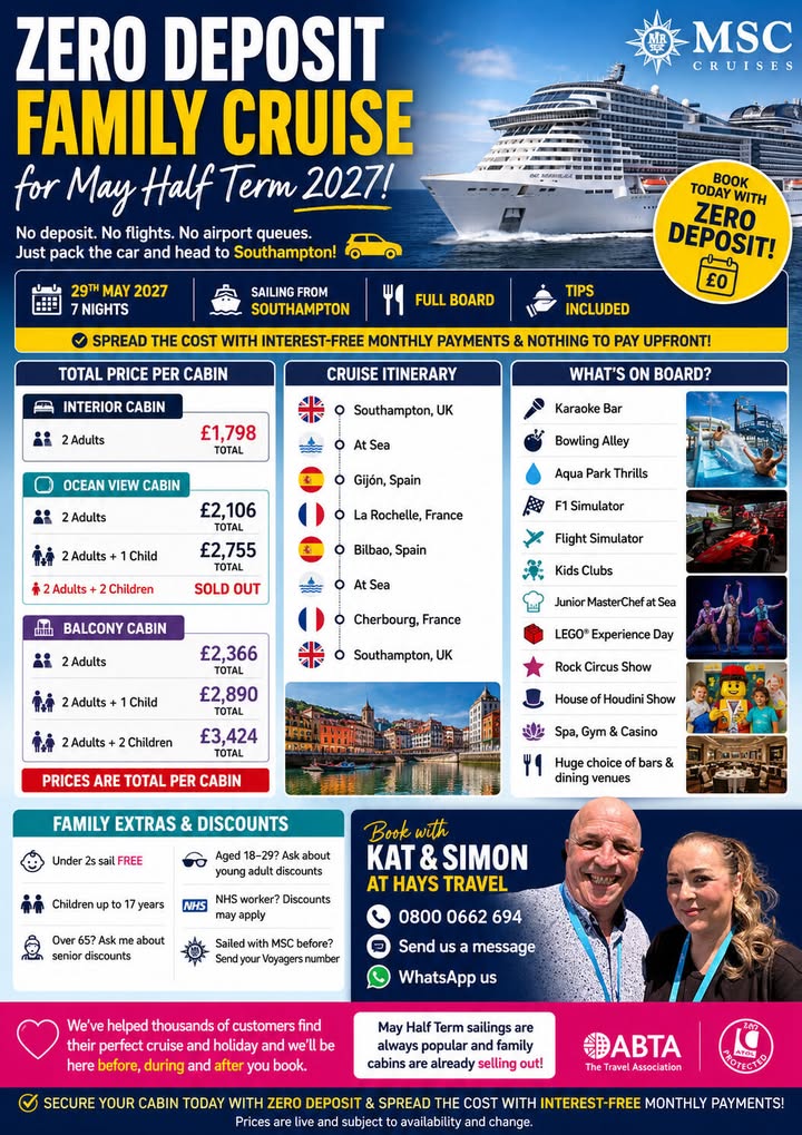 ZERO DEPOSIT FAMILY CRUISE FOR MAY HALF TERM 2027
